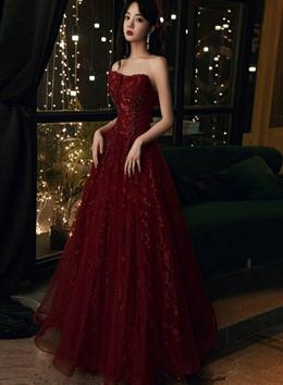 Picture of Wine Red Color Floral Lace and Tulle Long Evening Gown Party Dresses, Burgundy Formal Dress 2022